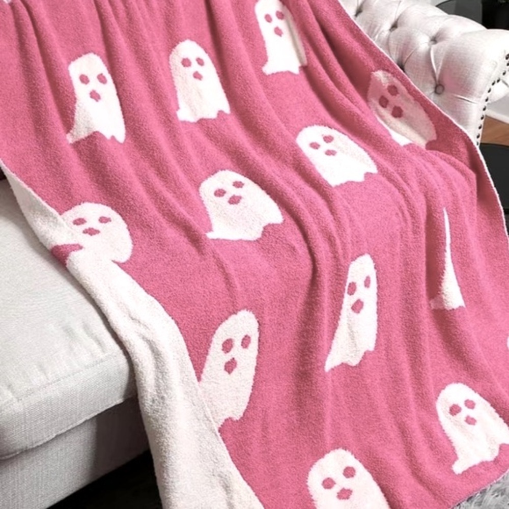 Ghost Blanket Spooky Pink & White Reversible Throw NWOT